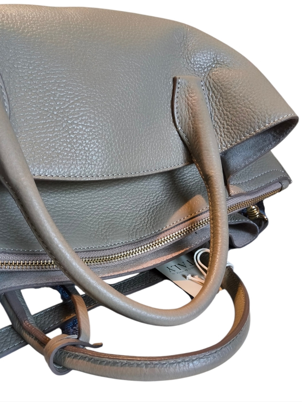 Iacucci Taupe Italian Leather Structure Satchel Tote with Strap and Dust Bag NWT - Picture 6 of 12